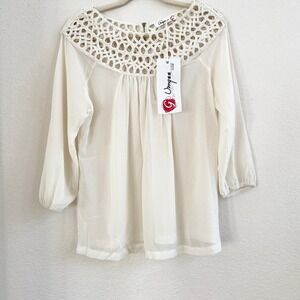 Umgee USA Womens Cream Braided Cord Lattice Yoke 3/4 Sleeve Blouse L NWT